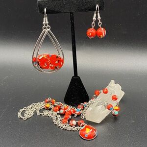 Bright Red Abstract Papparazi Necklace & 2 Pairs Earrings Set